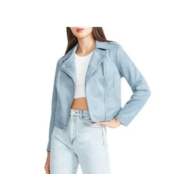 BB DAKOTA STEVE MADDEN MED LIGHT BLUE FAUX SUEDE LEATHER MOTO - Picture 1 of 8